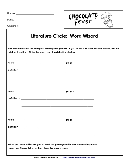 Literature Circles - Literature Circles: Word Wizard (Printable PDF Worksheet)