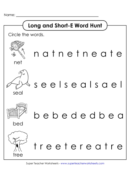 Long and Short E: Horizontal Word Hunt (Printable PDF Worksheet)