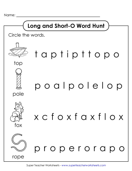 Long and Short O: Horizontal Word Hunt (Printable PDF Worksheet)