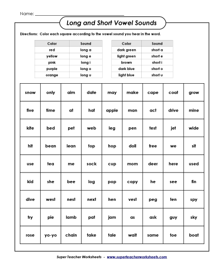 Long and Short Vowels: Coloring Boxes (Printable PDF Worksheet)