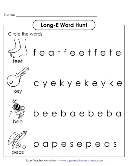 Worksheets - Long E: Horizontal Word Hunt (Illustrated) (Printable PDF Worksheet)
