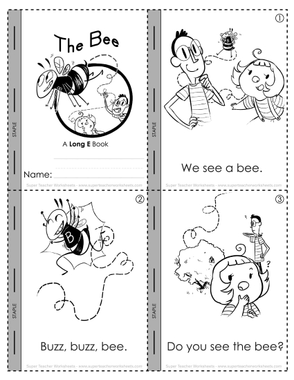 Cut and Glue Activities - Long E Mini-Book : Buzz, Buzz, Bee (Printable PDF Worksheet)