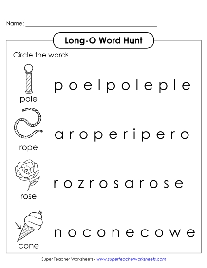 Worksheets - Long O: Horizontal Word Hunt (Illustrated) (Printable PDF Worksheet)