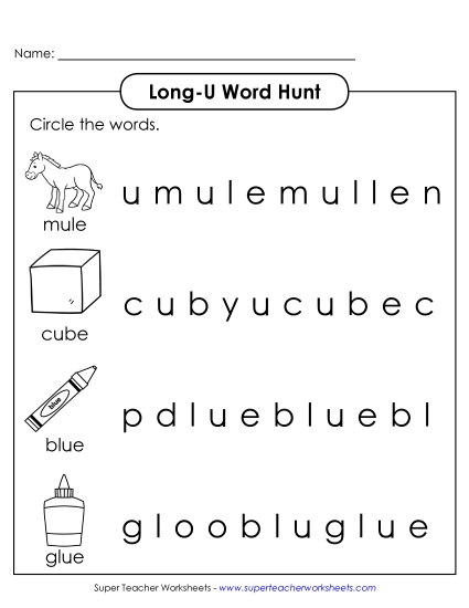 Worksheets - Long U: Horizontal Word Hunt (Illustrated) (Printable PDF Worksheet)