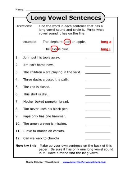 Long and Short Vowels - Long Vowel Sentences (Printable PDF Worksheet)
