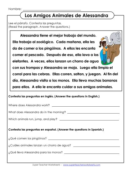 More Short Passages (Level: Basic) - Los Amigos Animales de Alessandra (Printable PDF Worksheet)
