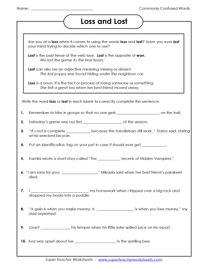 Loss and Lost (Printable PDF Worksheet)