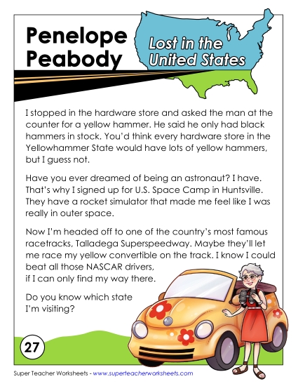 Lost in USA #27:&nbsp; Alabama (Printable PDF Worksheet)