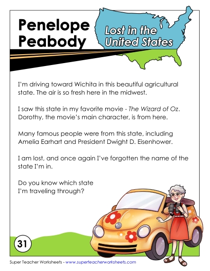 Mystery State Activities - Lost in USA:  Kansas (Printable PDF Worksheet)