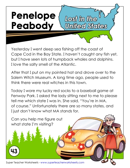 Mystery State Activities - Lost in USA:  Massachusetts (Printable PDF Worksheet)