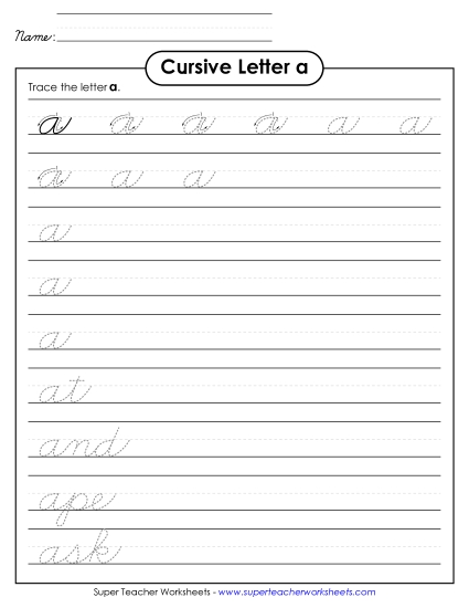 Lower-Case Cursive Letters - Lowercase Cursive a (Printable PDF Worksheet)