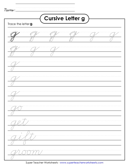 Lower-Case Cursive Letters - Lowercase cursive g (Printable PDF Worksheet)