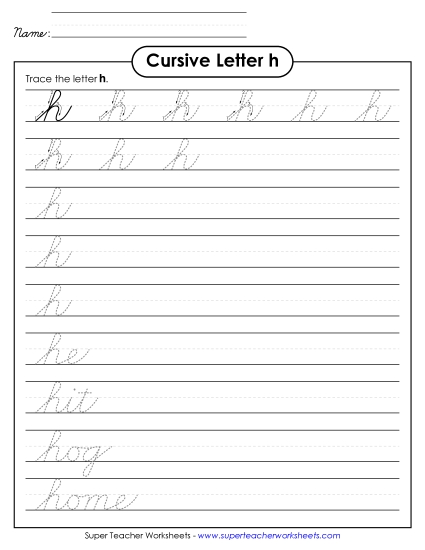 Lower-Case Cursive Letters - Lowercase cursive h (Printable PDF Worksheet)