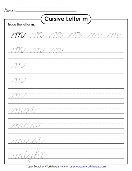 Lower-Case Cursive Letters - Lowercase cursive m (Printable PDF Worksheet)