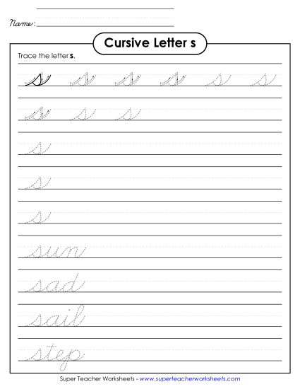 Lower-Case Cursive Letters - Lowercase cursive s (Printable PDF Worksheet)