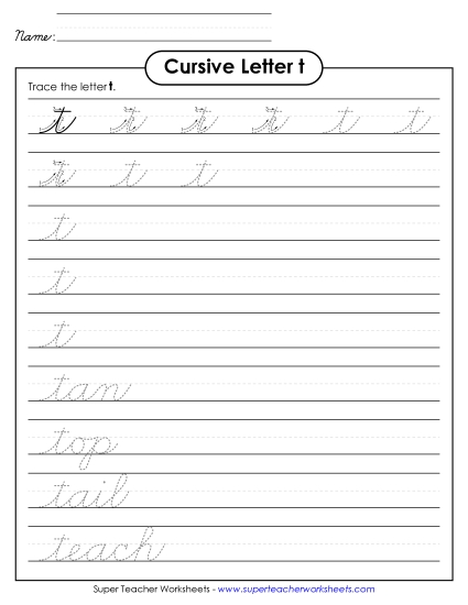 Lower-Case Cursive Letters - Lowercase cursive t (Printable PDF Worksheet)