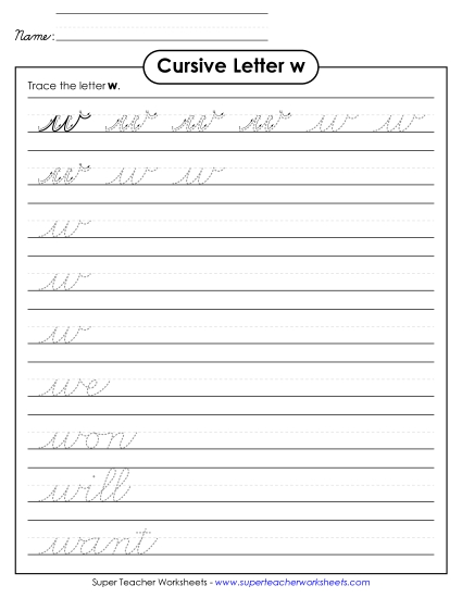 Lower-Case Cursive Letters - Lowercase cursive w (Printable PDF Worksheet)