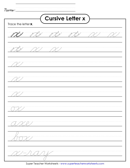 Lower-Case Cursive Letters - Lowercase cursive x (Printable PDF Worksheet)