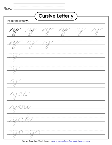 Lower-Case Cursive Letters - Lowercase cursive y (Printable PDF Worksheet)
