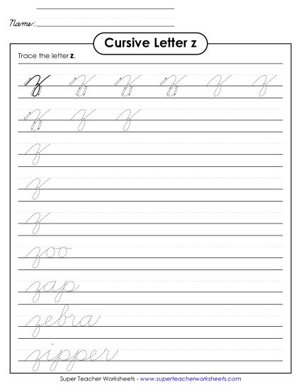 Lower-Case Cursive Letters - Lowercase cursive z (Printable PDF Worksheet)