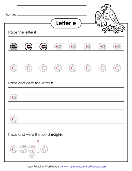 Trace and Print - Lowercase e (Outlined Letters) (Printable PDF Worksheet)