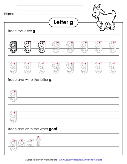 Trace and Print - Lowercase g (Outlined Letters) (Printable PDF Worksheet)