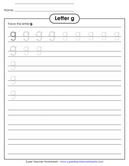 Trace and Print - Lowercase g (Smaller Font Size) (Printable PDF Worksheet)