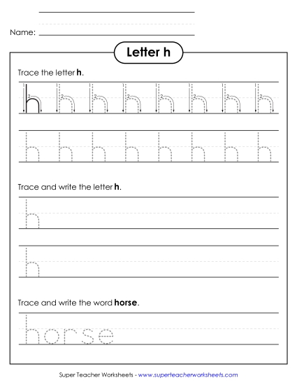 Trace and Print - Lowercase h (Dotted Lines) (Printable PDF Worksheet)