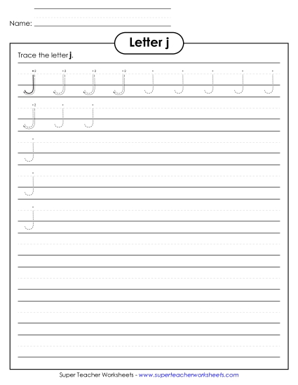 Trace and Print - Lowercase j (Smaller Font Size) (Printable PDF Worksheet)