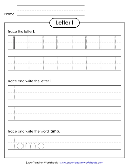 Trace and Print - Lowercase l (Dotted Lines) (Printable PDF Worksheet)