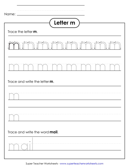 Trace and Print - Lowercase m (Dotted Lines) (Printable PDF Worksheet)