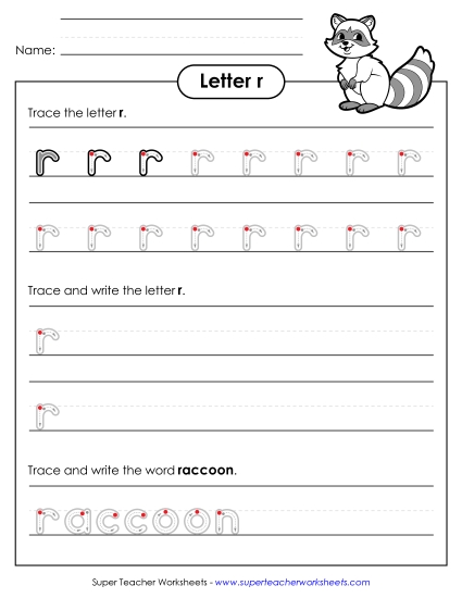 Trace and Print - Lowercase r (Outlined Letters) (Printable PDF Worksheet)