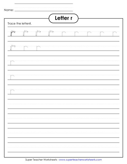Trace and Print - Lowercase r (Smaller Font Size) (Printable PDF Worksheet)