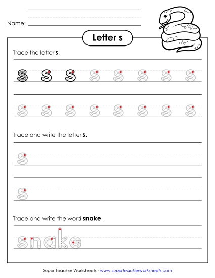 Trace and Print - Lowercase s (Outlined Letters) (Printable PDF Worksheet)