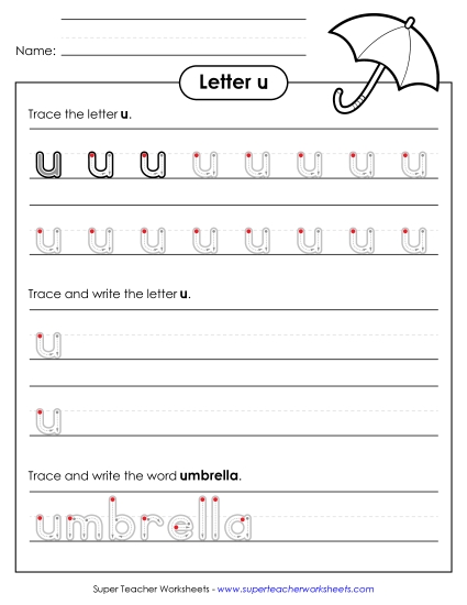 Trace and Print - Lowercase u (Outlined Letters) (Printable PDF Worksheet)