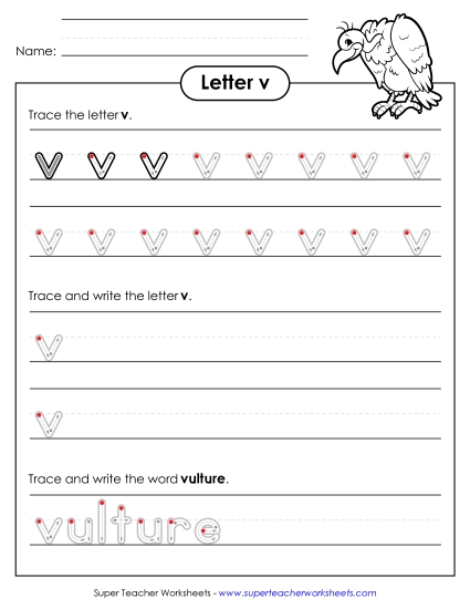 Trace and Print - Lowercase v (Outlined Letters) (Printable PDF Worksheet)