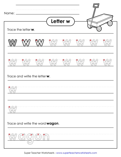 Trace and Print - Lowercase w (Outlined Letters) (Printable PDF Worksheet)