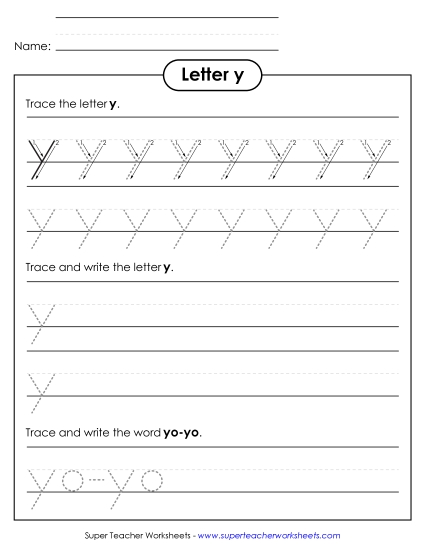 Trace and Print - Lowercase y (Dotted Lines) (Printable PDF Worksheet)