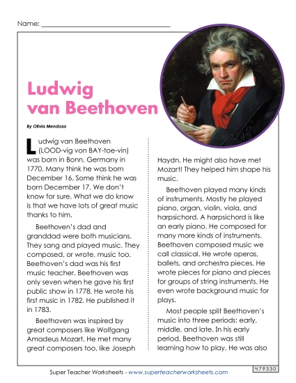 Reading Comprehension - Ludwig van Beethoven (Printable PDF Worksheet)