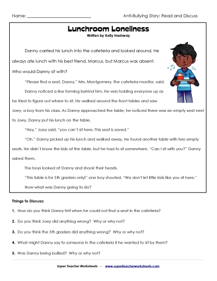 Read & Discuss Stories - Lunchroom Loneliness (Printable PDF Worksheet)