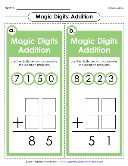 Missing Addends - Magic Digits Game (2-Digit Addition) (Printable PDF Worksheet)