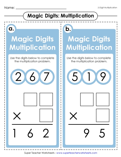 Task Cards and Games - Magic Digits Game (2-Digit by 1-Digit Multiplication) (Printable PDF Worksheet)