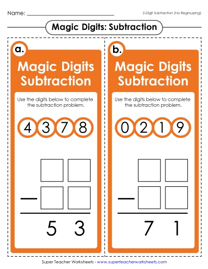 Math Games and Task Cards - Magic Digits Game 2-Digit Subtraction (No Regrouping) (Printable PDF Worksheet)