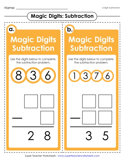 Math Games and  Task Cards - Magic Digits Game (2-Digit Subtraction) (Printable PDF Worksheet)