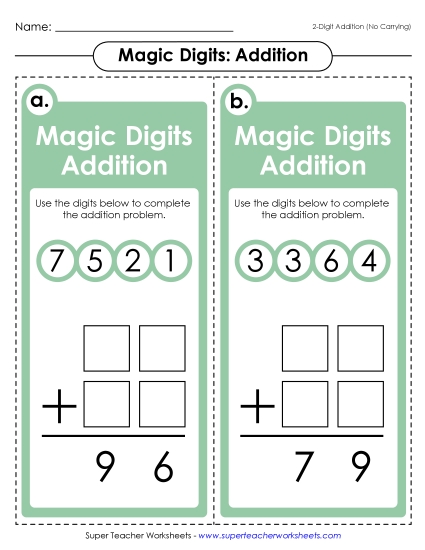 Math Games and Task Cards - Magic Digits Game (2-Digits; No Carrying) (Printable PDF Worksheet)