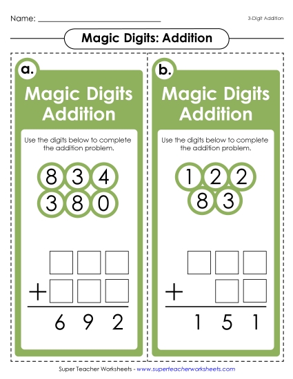 Addition (3-Digit Addends) - Magic Digits Game (3-Digit Addition) (Printable PDF Worksheet)