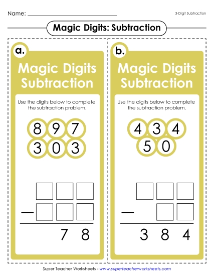 Math Games and Task Cards - Magic Digits Game (3-Digit Subtraction) (Printable PDF Worksheet)