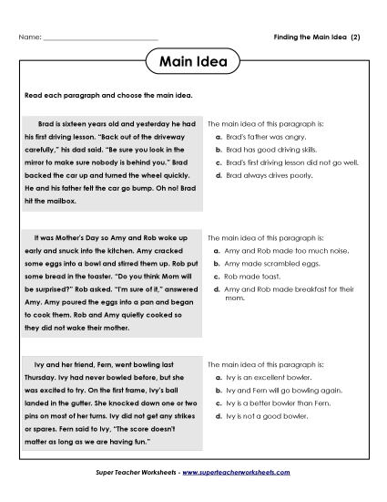 Main Idea Reading - Main Idea: Comprehension 2 (Printable PDF Worksheet)