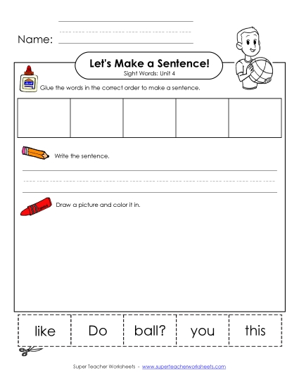 Worksheets - Make a Sentence Cut and Glue (Unit 4) (Printable PDF Worksheet)