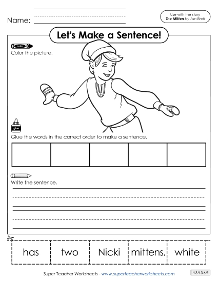 Cut-and-Glue Activities - Make a Sentence (The Mitten) (Printable PDF Worksheet)